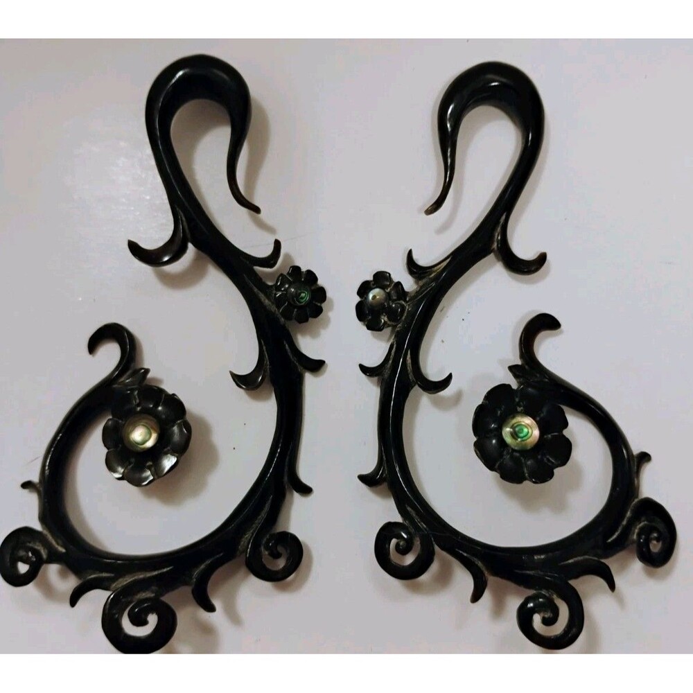 Carved Horn Ear Hangers Gauges Spirals Abalone Shell Floral Vine Pair